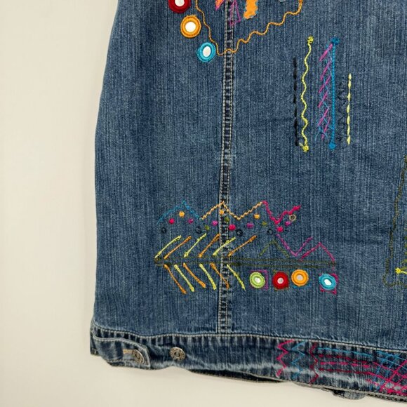 Chicos Womens Denim Vest Art to wear Button Front Boho 2 Large Blue Embroidered - Picture 12 of 15